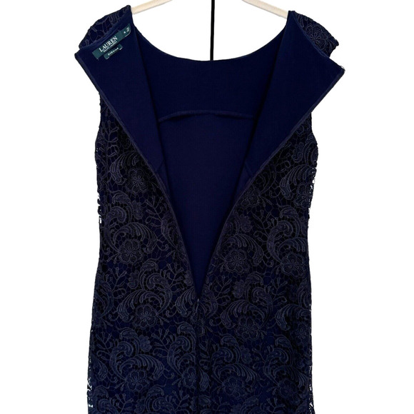 Lauren Ralph Lauren Evening Dress Lighthouse Navy Floral Lace Overlay Sz 8 - Picture 3 of 8